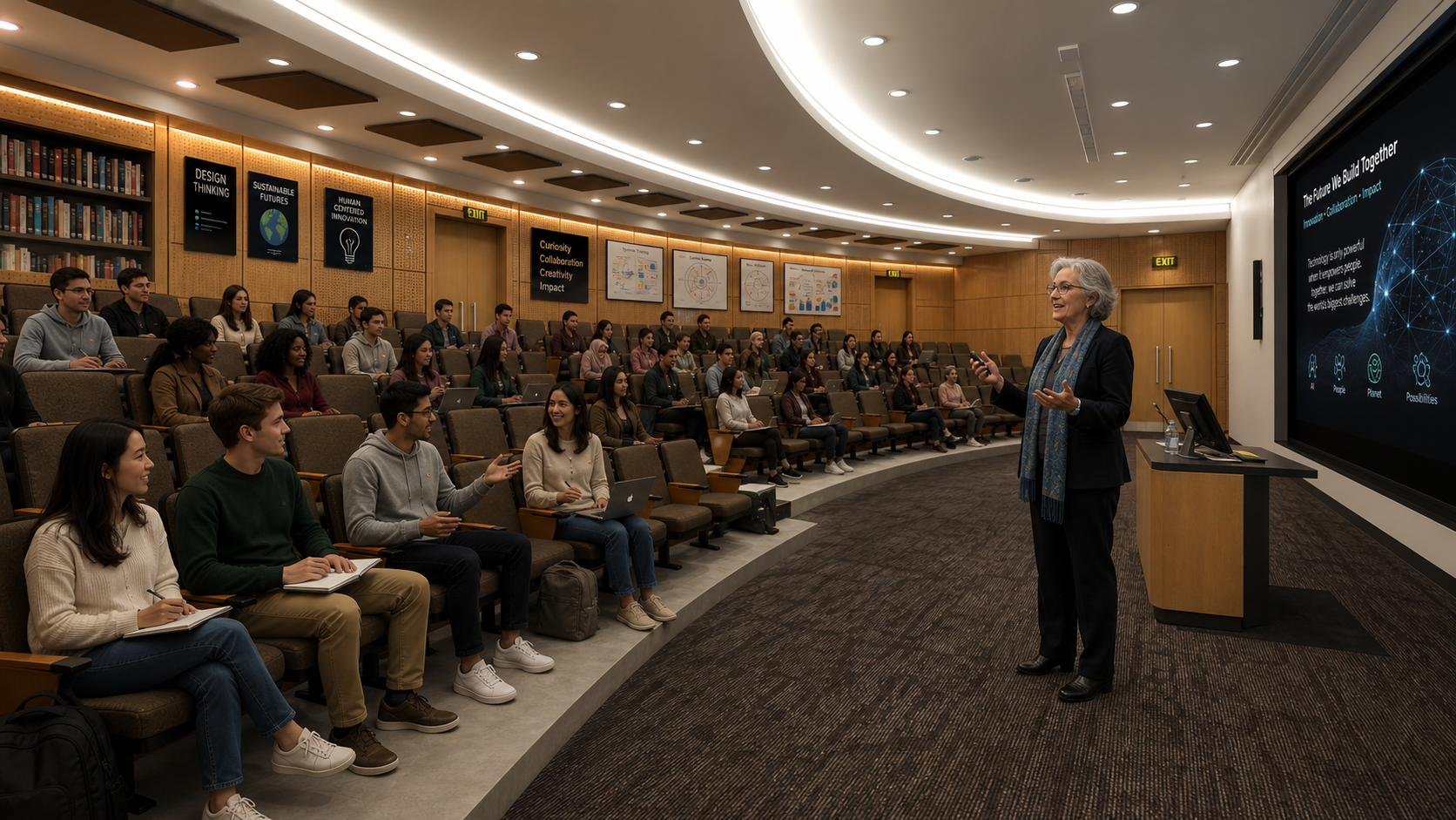 Digital lecture theatre with brown seating: professor presenting to students beside a large presentation screen.
