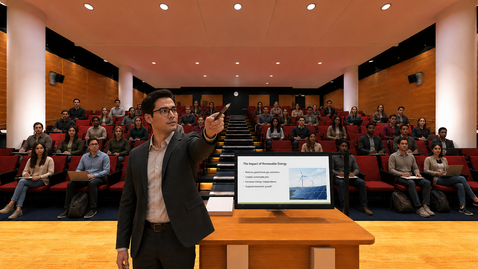 Digital lecture theatre with red seating: lecturer presenting to a full class with slides on screen.