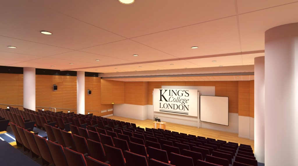 Digital recreation of the Strand Campus lecture theatre, wide view toward the stage and main screen.