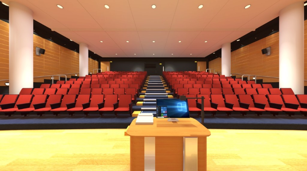 Digital recreation of the Strand Campus lecture theatre from behind the lectern.